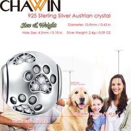 Paw Prints Solid 925 Sterling Silver Charm with Austrian Crystal Designs Ball Shape European Style Beads and Charms