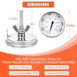 QuliMetal 67088 67731 Accurate Grill Thermometer for Weber Genesis 300, Genesis II & Summit Series Grills, Genesis E/S 310 330 Temperature Gauge, Center Mount, Thermostat Replacement 2-3/8” Dia