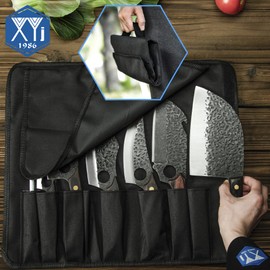 XYJ FULL TANG Camping Knives Set Chinese Butcher Knife Vegetable Chef Knives Slice Boning Knives With Leather Knife Sleeves&Roll Bag&Kitchen Tools