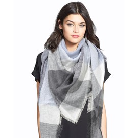 Coubeau Classic Plaid Scarf for Women - Faux Cashmere Scarf, Warm Winter Scarf, Triangle Scarf, Grey-blue chequered
