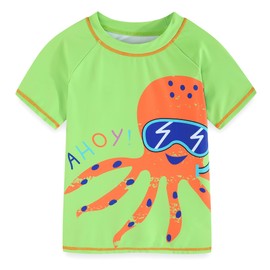 Toddlers Baby Boys' 3-Piece Swimsuit Trunk Rashguard Set and Sun Hat Swimwear Bathing Suit UPF 50+Green Octopus(4-5T)