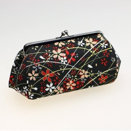 watona Crepe Cosmetic Pouch, Width 7.1 - 8.5 inches (18 - 21.5 cm), Large, 5.5 inches (23 cm), Cherry Blossom, Black