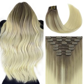 Youngsmile Clip in Hair Extensions Real Invisible Human Hair Color 8 Ash Brown Fading to 60 Blonde 14 Inch 140g 7Pcs Natural Remy Straight Human Hair Extensions Clip in(7PC#8T60-14Inch)