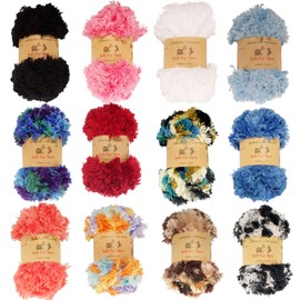 BambooMN Chunky Fluffy Soft Fur Eyelash Yarn - Variety Pack - 100% Polyester -4 Skeins