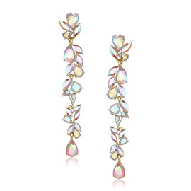 EVER FAITH Wedding Rhinestone Crystal Chandelier Dangle Earrings for Women Brides, Art Deco Marquise Teardrop Bridal Long Drop Ear Accessory for Prom Iridescent AB Gold-Tone