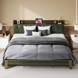 LIKIMIO California King Bed Frame, Storage Headboard with Charging Station, Solid and Stable, Noise Free, No Box Spring Needed, Easy Assembly (Dark Green)