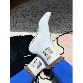Women's Cute Grip Pilates Socks Non-Slip Yoga Ballet Socks with Ruffle Cuff & Embroidery