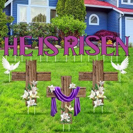 Lineshading 14 Pcs Easter Religious Decorations Outdoor He Is Risen Yard Stakes Happy Easter Lawn Signs Waterproof Christian Cross Peace Dove for Outside Church Home Garden Porch Party