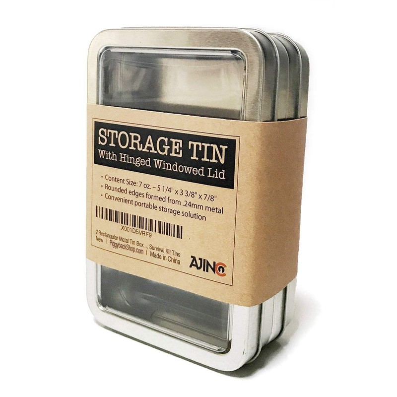 Rectangular Metal Storage Tin Box with Windowed Hinged Lid -