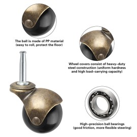 2" Ball Caster Wheels, casters Set of 4 Brass Vintage Antique Caster 5/16" x 1 1/2" (8 x 38mm) Wheels Pole with Sleeve for Furniture, Chairs, Cabinets, （casters Set of 4 Heavy Duty）