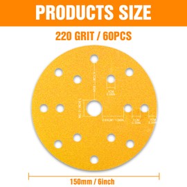 KONGMING Sandpaper 150 mm Velcro Pack of 60 15 Hole Grit 220 for Random Orbital Sander