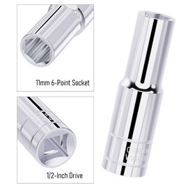 FOCMKEAS 11mm Deep Socket, 1/2 Inch Drive, 6-Point, Metric, Heat Treated CR-V Steel Sockets, Full Polishing, 3.1 Inch Length