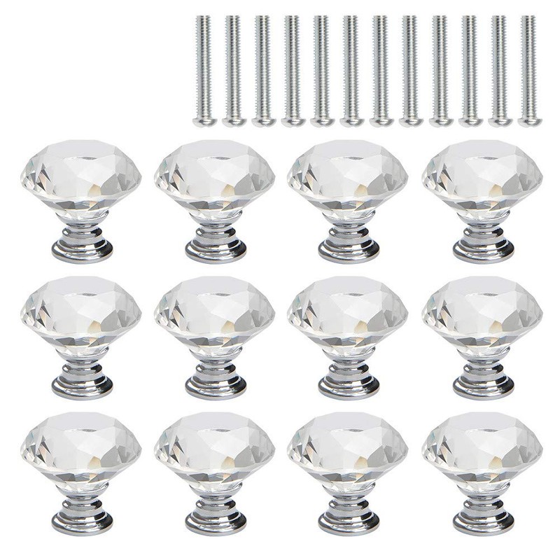 FOCCTS 12 PCS 30mm Crystal Door Knobs Glass Drawer Knobs