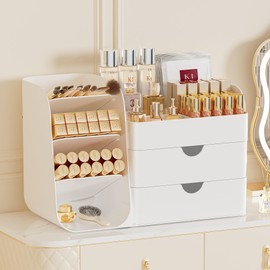 KQJS Makeup Organizer with Drawers,Large Capacity Countertop Organizer for Vanity,Bathroom and Bedroom Desk Cosmetics Organizer,Easy To Storage Skincare,Brushes, Eyeshadow,Lipstick (All White, Large)