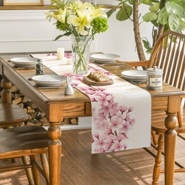 BSITSSS Modern Cherry Blossom Table Runner, Linen, Pink, Bright Colourful Pattern, Fashion Table Runner, Spring Table Runner, Party, Holiday, Kitchen, Living Room Decorations, 33 x 180 cm