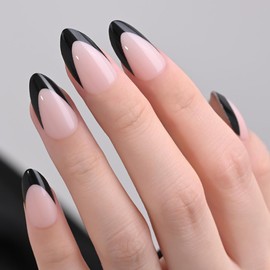 evpct French Tips Press on Nails Short Almond for Women Gift, Light Neutral + Black Tip, Soft Gel Press Glue On Nail with Nail Glue, Supremely Fit Full Cover, Reusable Acrylic Fake Nails Manicure Kit