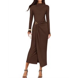 ZESICA Women's 2025 Fall Long Sleeve Bodycon Dress Mock Neck Wedding Guest Cocktail Party Long Midi Dresses,Brown,Small