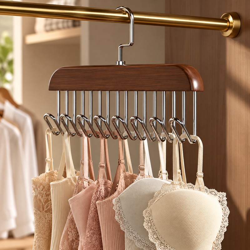 Wooden Multi-Hook Hanger for Bras, Tank Tops & Camisoles –