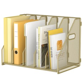MINDEPOT Desk File Organizer Metal Desk Magazine Folder Holder with 5 Vertical Compartments Rack File Organizer for Office, Home, School (Gold)
