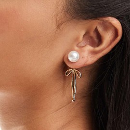 2-in-1 Pearl Bow Earrings for Women,14K Gold Plated Jacket Drop Dangle& Pearl Stud ∣Trendy Bow Dangle Flat Back Earrings,Coquette Jewelry Gifts for Her