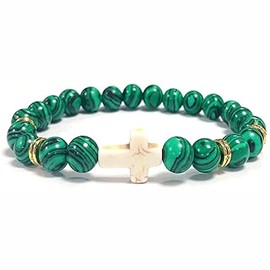 Azusa Sun Religion Cross Natural Stone Beads Stretch Bracelets for Women Men 8MM Malachite Turquoise Agate Cross Elastic Prayer Bracelet Friendship Valentine’s Day Birthday Jewelry - Green