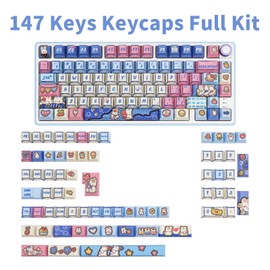 COOMICKEY Manga Themed Keycaps 147 Key PBT Keycap Set Cherry Profile Dye-Sublimation Cute Keycaps with Denim Bunny Design for 61/87/104/108/84/64/98/96 Mechanical Keyboard