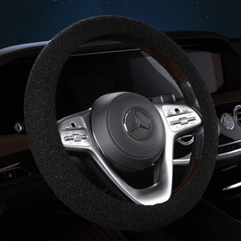 HighnessHwoo Furry Winter Car Steering Wheel Cover for Women, Soft Fleece Short Plush Warm Universal Auto Accessories for Vehicle, Sedan, Fuzzy, Anti Slip, Black, 14in, Standard Size 14.5-15"(37-38cm)