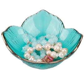 CREATCABIN Green Flower Ring Dish Jewelry Tray Small Glass Trinket Tray Jewelry Organizer Plate Bowl Ring Holder Dish Decorative for Earrings Necklaces Bracelet Watch Keys Tableware 3.8x3.8Inch
