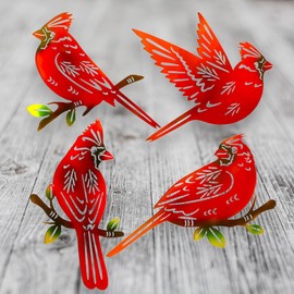 KedAiKJ 4 Pack Handcrafted Red Cardinal Metal Wall Art Decor,3D Outdoor Sculptures for Indoor and Outdoor Spaces, Perfect for Living Room Patio Balcony and Fence Decorations