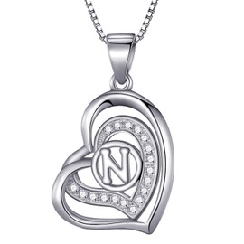 Morella® Ladies’ Necklace Heart with a letter, 925 Sterling, Rhodium-Plated Silver, with Zirconia stone, White, 46 cm, Silver