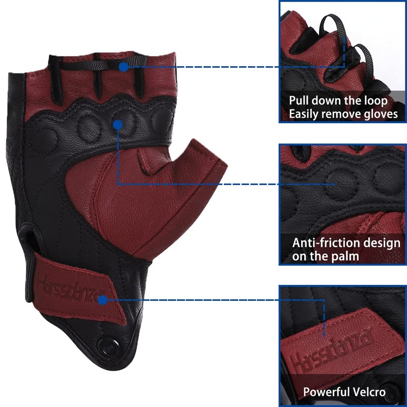 Harssidanzar Mens Gloves Half Finger Goatskin Leather Motorcycle Gloves GM037UK,