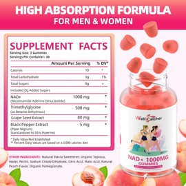 NAD+ Gummies Supplement for Women 1000MG - NAD Plus Gummies for Men Sugar Free Vitamin B3 Niacinamide Pure Organic Boosts NAD Level Anti-Aging Cell Regeneration Energy Brain Peach Flavor 60C