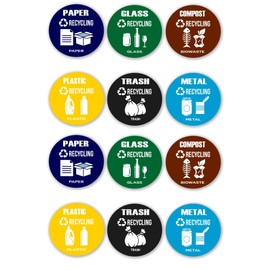 GamesMonkey® - Stickers Recycle for Trash Waste Bins Garbage Plastic Cans Compost Glass Metal Paper - Vinyl Waterproof Washable Illustrated (3.3"x3.3" - 12 Piece, V2)