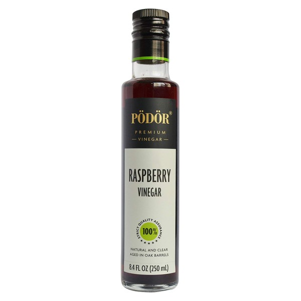 PÖDÖR Premium Raspberry Vinegar - 8.4 fl. oz. - 100% Natural, Aged in Oak Barrels, Fermented, Unfiltered, Vegan, Gluten-Free, Non-GMO in Glass Bottle