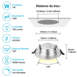 ACELIFE LED Recessed Spotlight Flat, 7 W Equivalent to 70 W, 230 V 700 LM Round Matt Aluminium Ceiling Spotlights, 75-95 mm Installation Diameter LED Spotlights, 35 mm Installation Depth Ceiling Spot