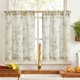 TOPICK Green Floral Linen Blend Kitchen Curtains 36 Inch Drop Short Cafe Curtains Light Filtering Small Window Curtain Tiers for Bathroom Living Room RV Rod Pocket 2 Panels