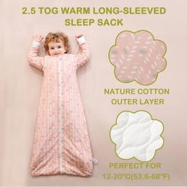 Nivolltha Super Soft Removable Long Sleeves Baby Sleeping Bag 2.5 TOG, 100% Cotton Winter Sleeping Bag 6-18 Months for Infant Toddler, Feather