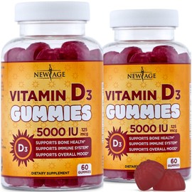 NEW AGE Vitamin D3 5000 IU 125mcg Gummies - Immune Supplement - Non-GMO, Gluten-Free, Dairy-Free, No Gelatin (120 Gummies (Pack of 2))