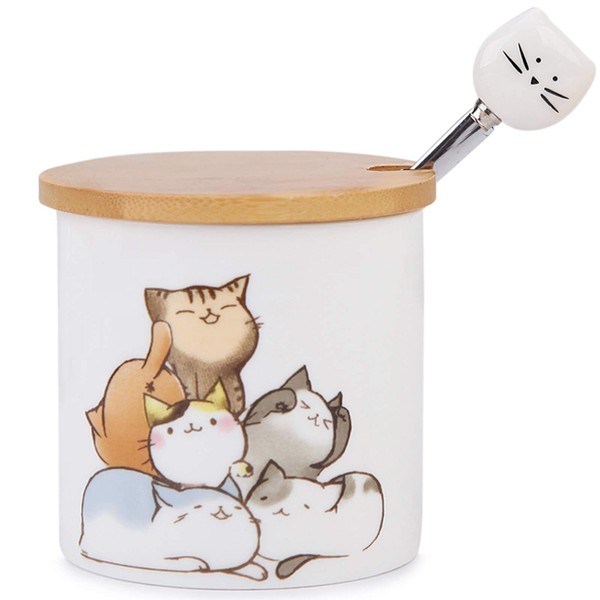 Chase Chic Ceramic Sugar Bowl, Small Porcelain Sugar Bowl with Wooden Lid and Stainless Steel Spoon with Cat Pattern for Kitchen and Breakfast at Home, Best Gift for Cat Lovers, 266 ml (9oz)