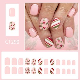 Christmas Press on Nails Short Square Nails Press ons with Cute Holly Fruit Design Red White Green Striped Acrylic Nails Glossy Pink Glue on Nails Winter Xmas Holiday Fake Nails for Women 24Pcs