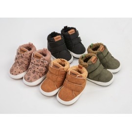 SOFMUO Baby Boys Girls High Top Ankle PU Leather Sneakers Soft Sole Infant Warm Booties Toddler Fuzzy Winter Shoes(Fuzzy/Black)