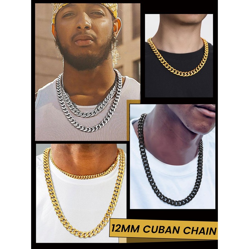 Men Womens Gold Chain Jewellery, 12mm Curb Link Necklace, 28
