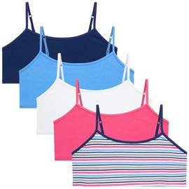 Rene Rofe Girls Training Bras - 5 Pack Soft Stretch Cotton Bra, Cami Style Girls Underwear with Adjustable Straps (7-14), Size 10-12, Pink/Blue Stars