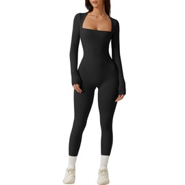 QINSEN Womens Square Neck Long Sleeve Bodycon Jumpsuit High Stretch Long Playsuit Black M
