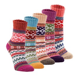 Fraobbg 5 Pack Womens Warm Socks Vintage Winter Cold Thick Knitted Wool Crew Casual Socks Gift 5-9