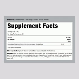 Piping Rock Lions Mane Mushroom Liquid Extract | 4 Fl Oz | Alcohol Free, Vegetarian Supplement | Non-GMO, Gluten Free Tincture