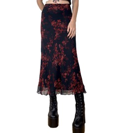 Miolasay Women Y2K Fairy Grunge Midi Skirts High Waist Patchwork A Line Long Skirt Vintage Floral Print Maxi Skirt Grunge Fairycore Streetwear (F-Black, L)