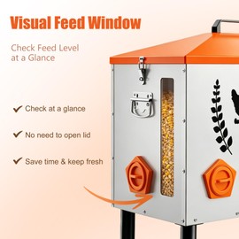 95LB Extra-Large Chicken Feeder with 10 No-Waste Ports – Galvanized Metal Poultry Feeder, Anti-Roost Roof Lid, Feed Level Window & Adjustable Cylindrical Legs – Outdoor Feed Box for Ducks & Geese