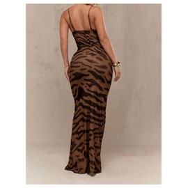 GORGLITTER Women's Animal Print Bodycon Maxi Dress Y2K Open Back Cowl Neck Casual Summer Birthday Cami Long Dresses Yellow Large