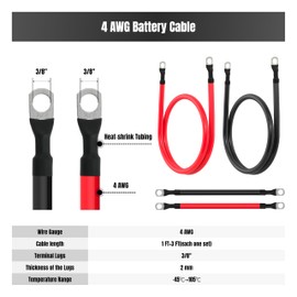 TUELETFU 4 AWG Battery Cable 4 Gauge Battery Cables 4AWG Battery Power Inverter Wires Cables with 3/8 inch Lugs for Solar Systems, RVs, Campers, Travel Trailers, Cars (1FT + 3FT)